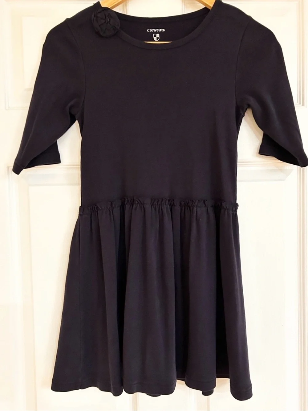 CREWCUTS Navy Short Sleeve Knit Twirl Dress with Rosette